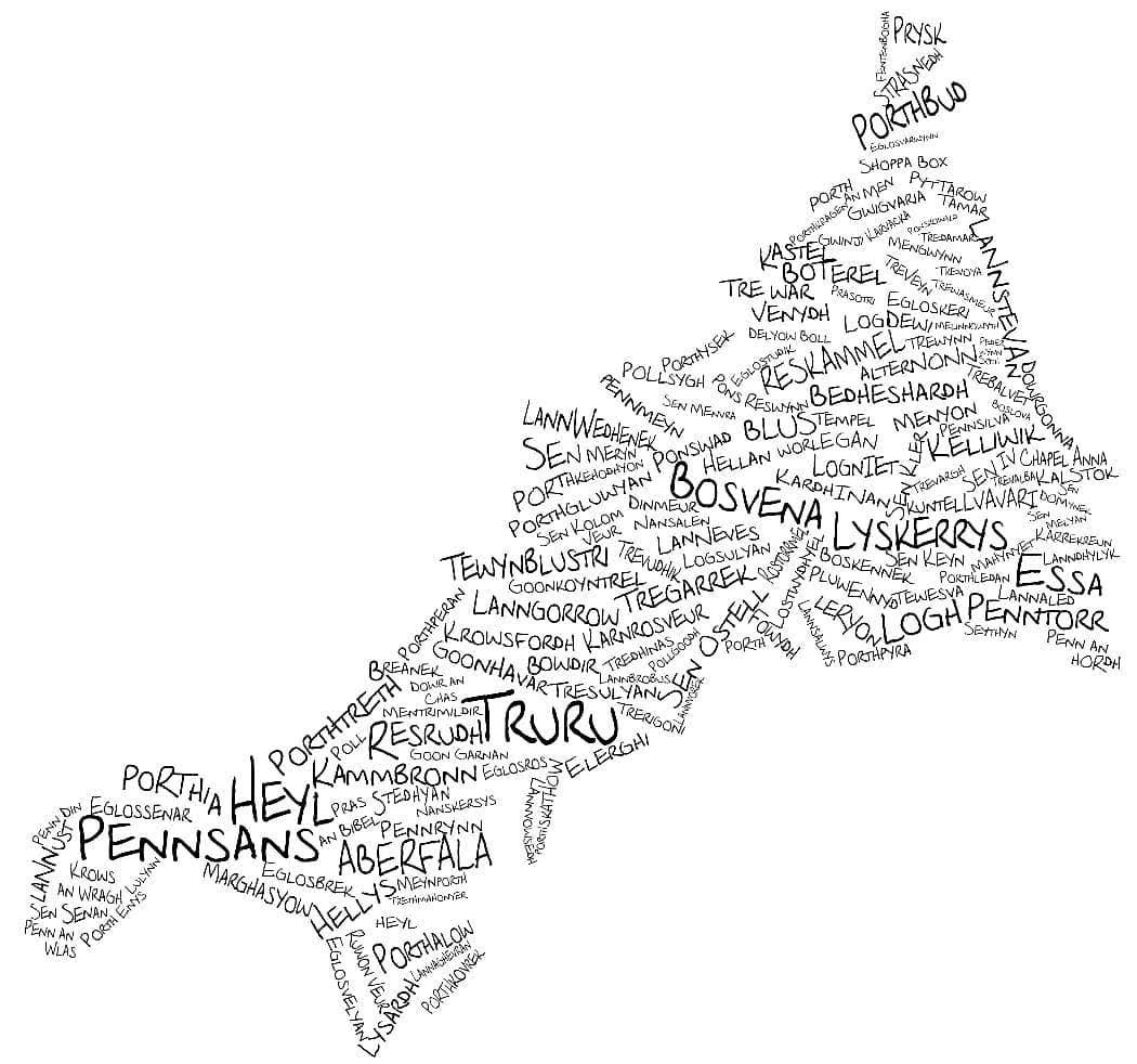 Map o enwau llefydd Cernyweg