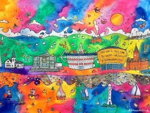Rhiannon Art Cardiff Colourful Hills and Dancing Boats 1024x768 parallel.cymru wallpaper